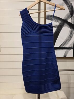 Jump One-Shoulder Ribbed Bandage Dress in Royal Blue